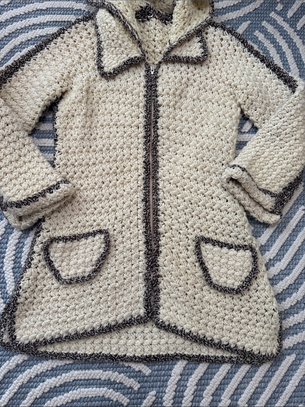 Vintage Handmade Crochet Hooded Longline Cardigan Sweater Cream Brown Boho - Picture 4 of 6